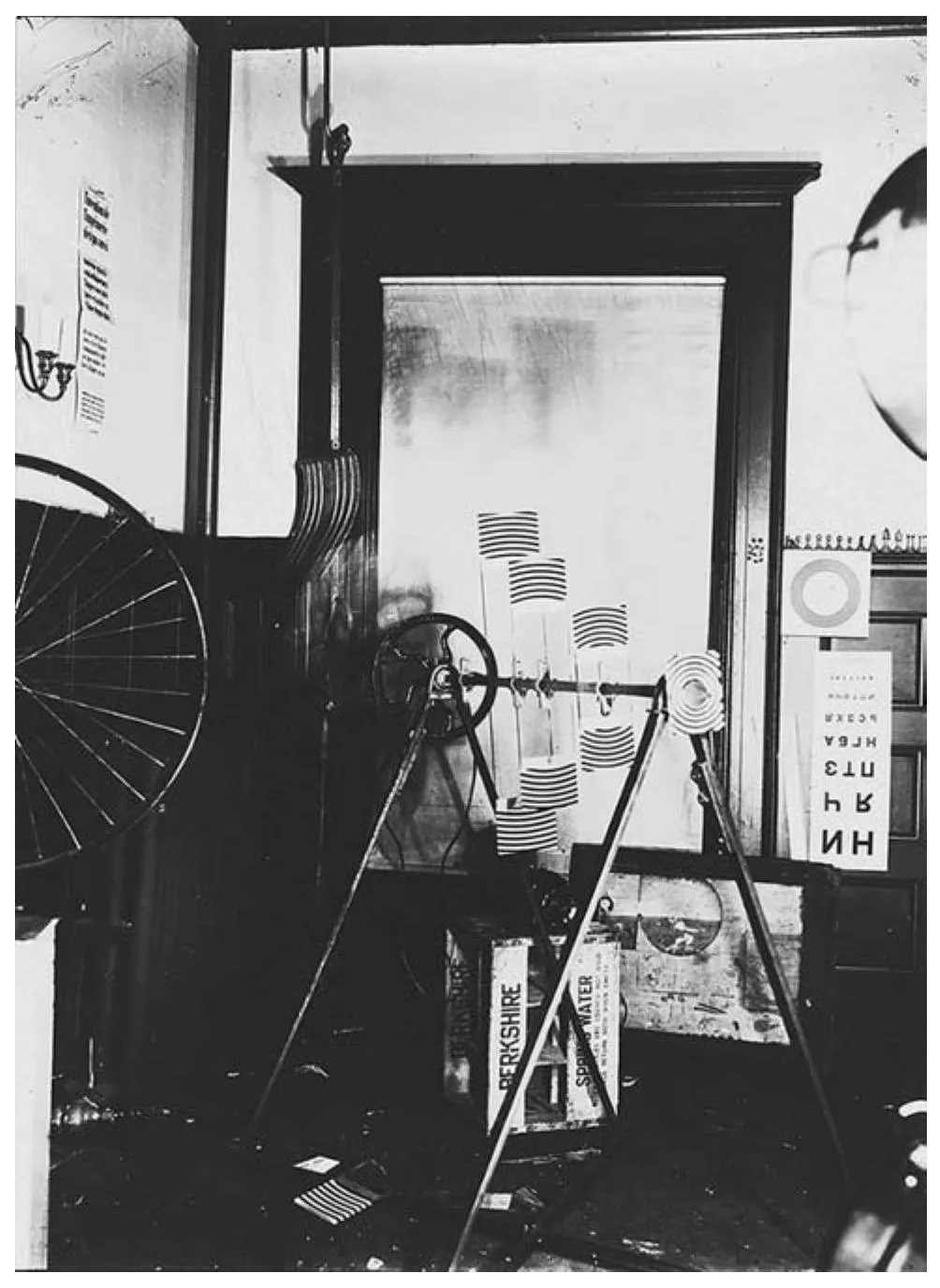 The original 1915 version of In Advance of the Broken Arm hangs from the ceiling of Duchamp’s studio