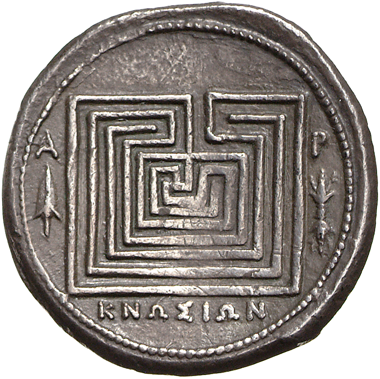 Coin of KNOSSOS. 350-325 BCE. A square labyrinth. In the left field an arrowhead, in the right field a thunderbolt.