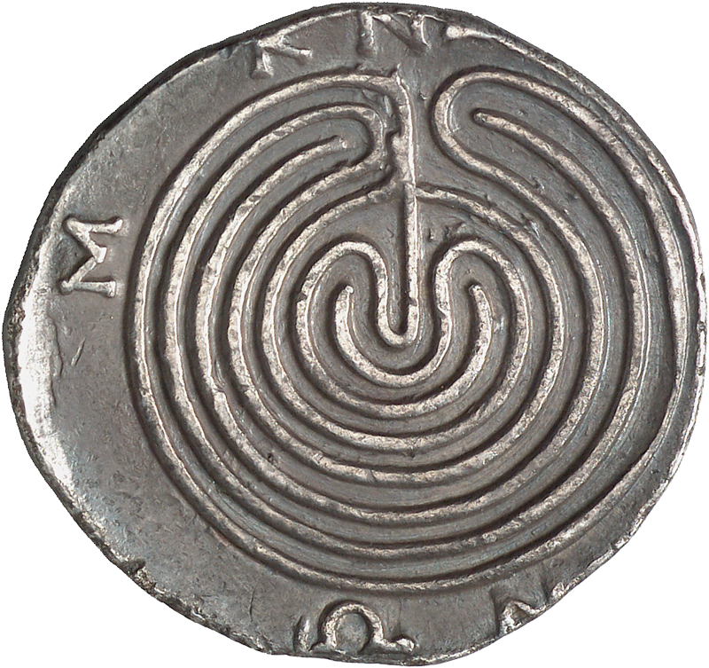 Coin of KNOSSOS. 110-90 BCE. Round labyrinth viewed from above.