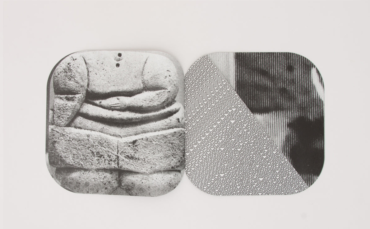 MMDC3, spread: a carved stone figure crossed by a curling mesh screen, beside a striped close-up