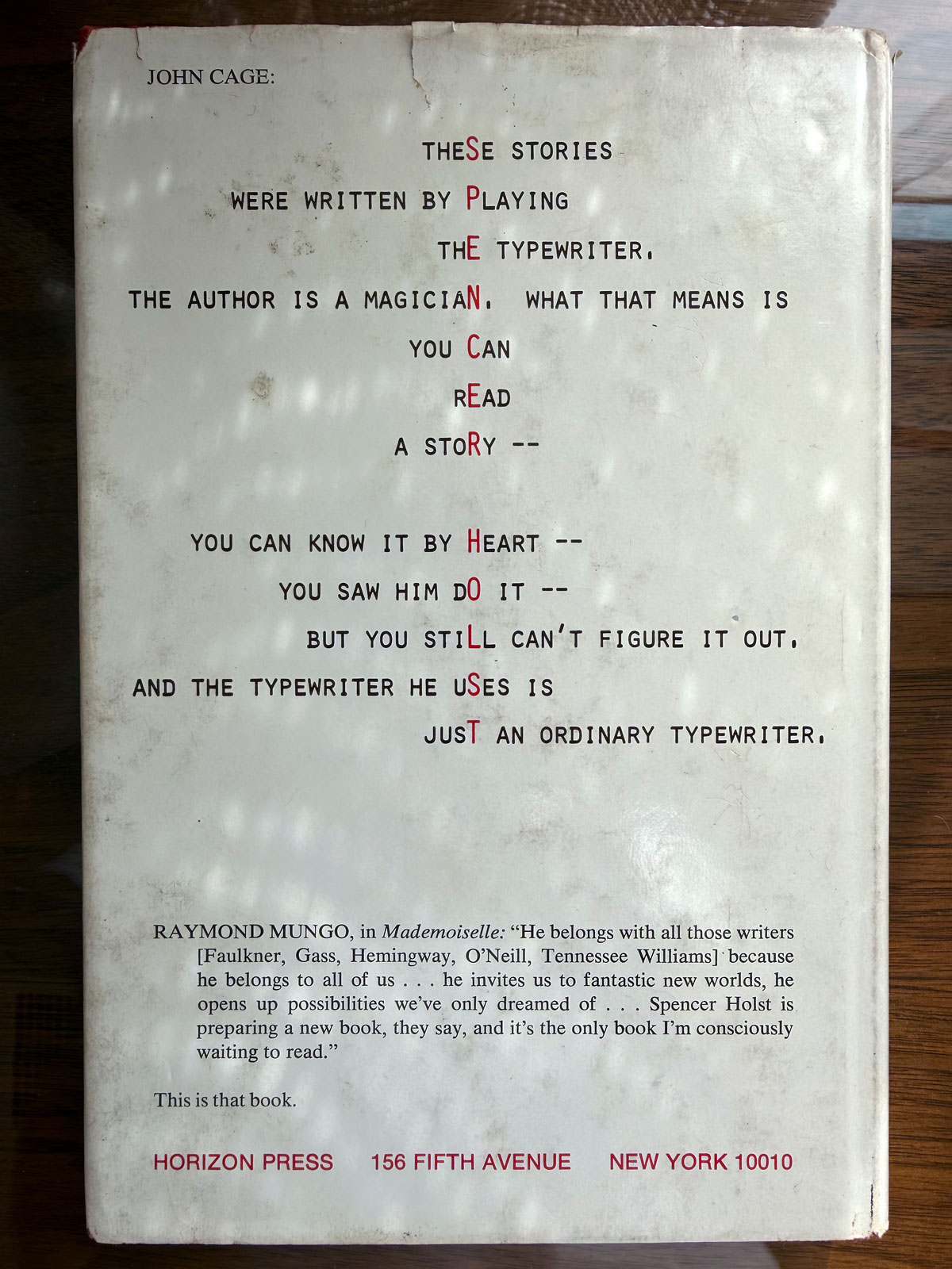 Back cover of Spencer Holst's Stories, 1976 edition, with poem by John Cage